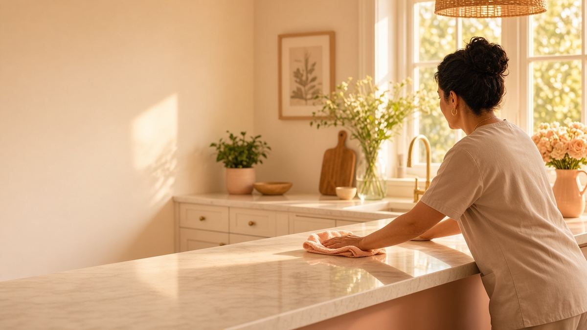 A cleaner wiping down a sunlit marble kitchen counter with a pink cloth, flowers and plants by the window