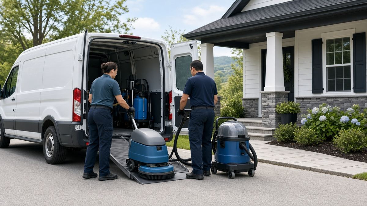 Two cleaning technicians in navy uniforms unloading a floor scrubber and wet vacuum from a white van outside a house
