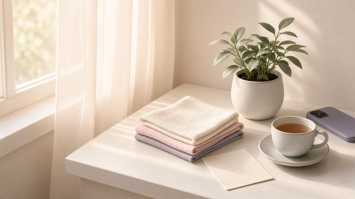 A quiet windowsill with folded cleaning cloths, a potted plant, a cup of tea and a phone in soft morning light